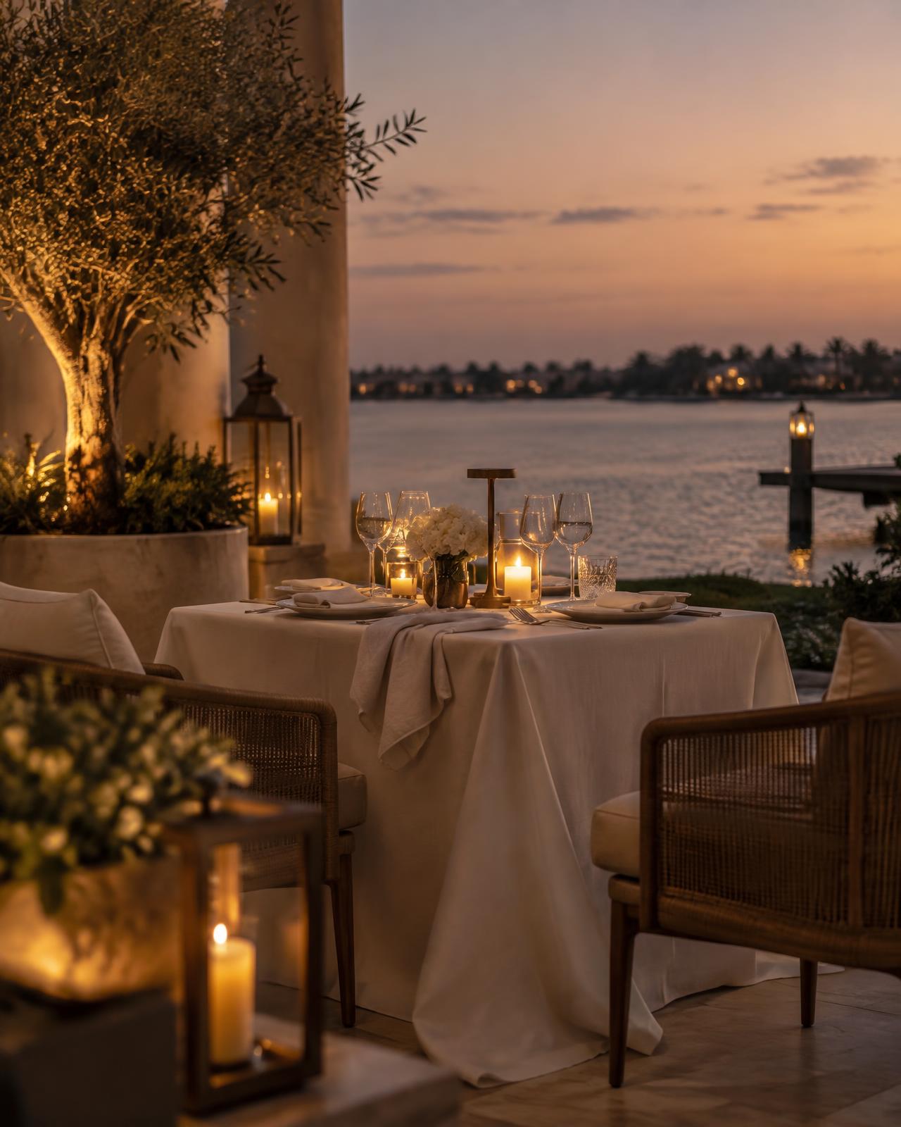 An intimate table prepared on a private Dubai waterfront terrace