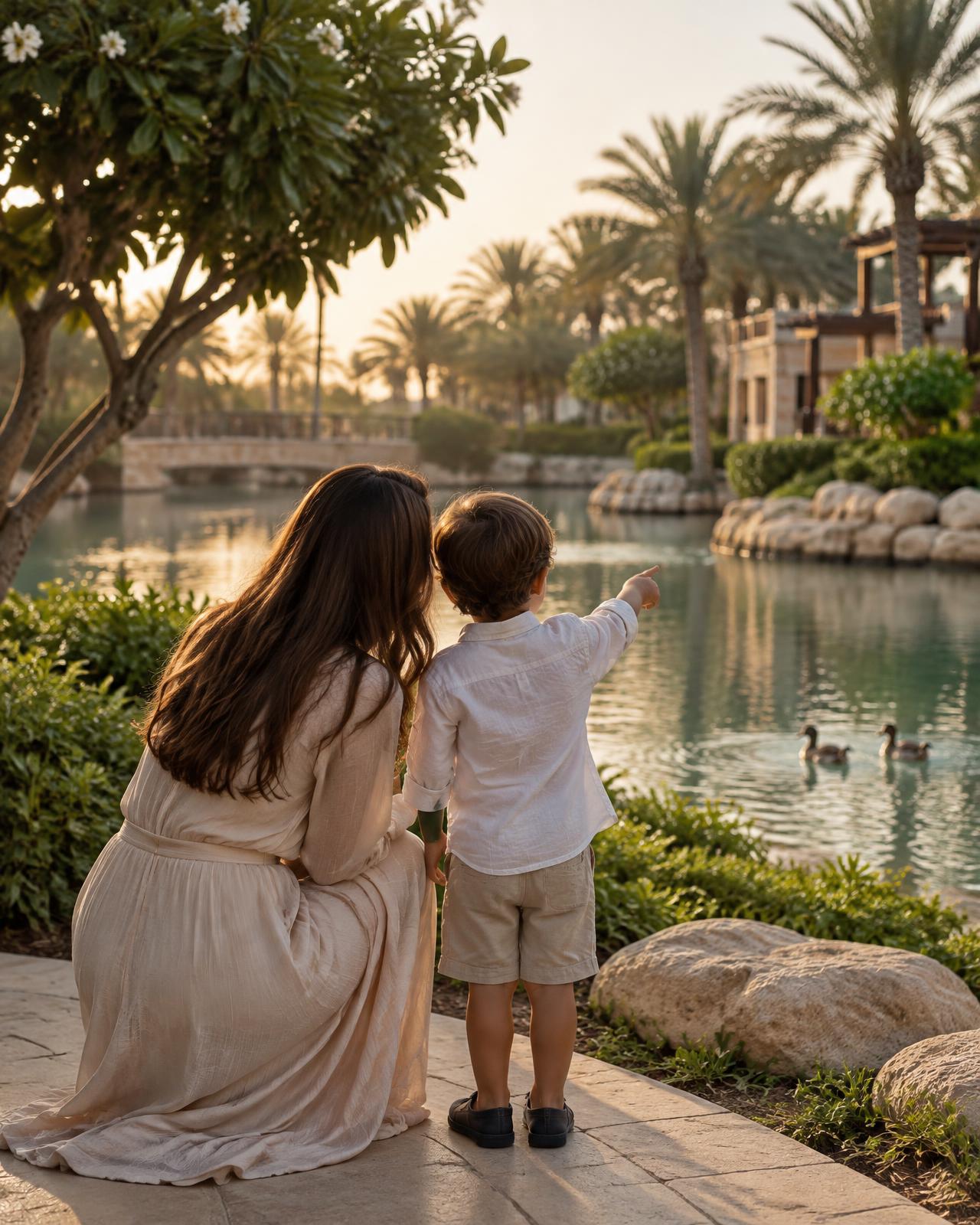 A parent and child sharing a moment of discovery beside a lagoon